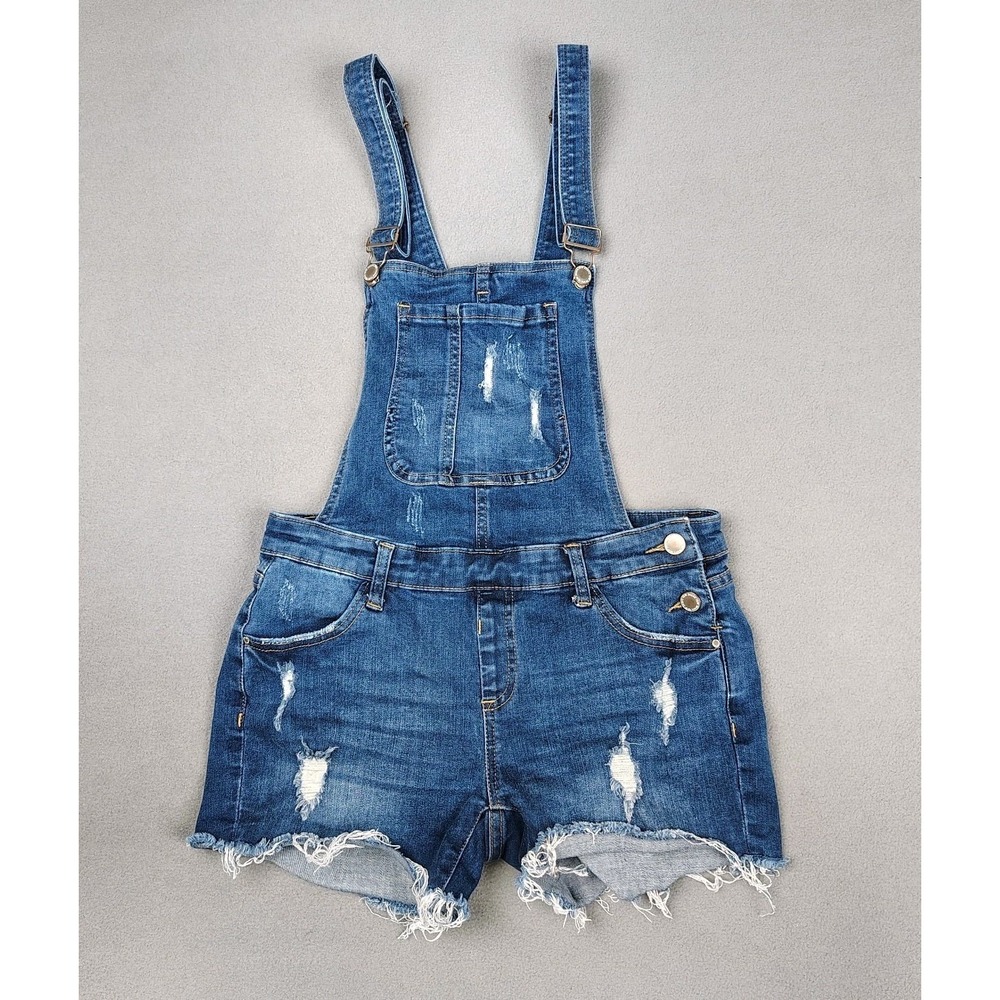 I&M Denim Shortalls Women Medium Dark Blue Distressed Stretch Jean Overalls EC